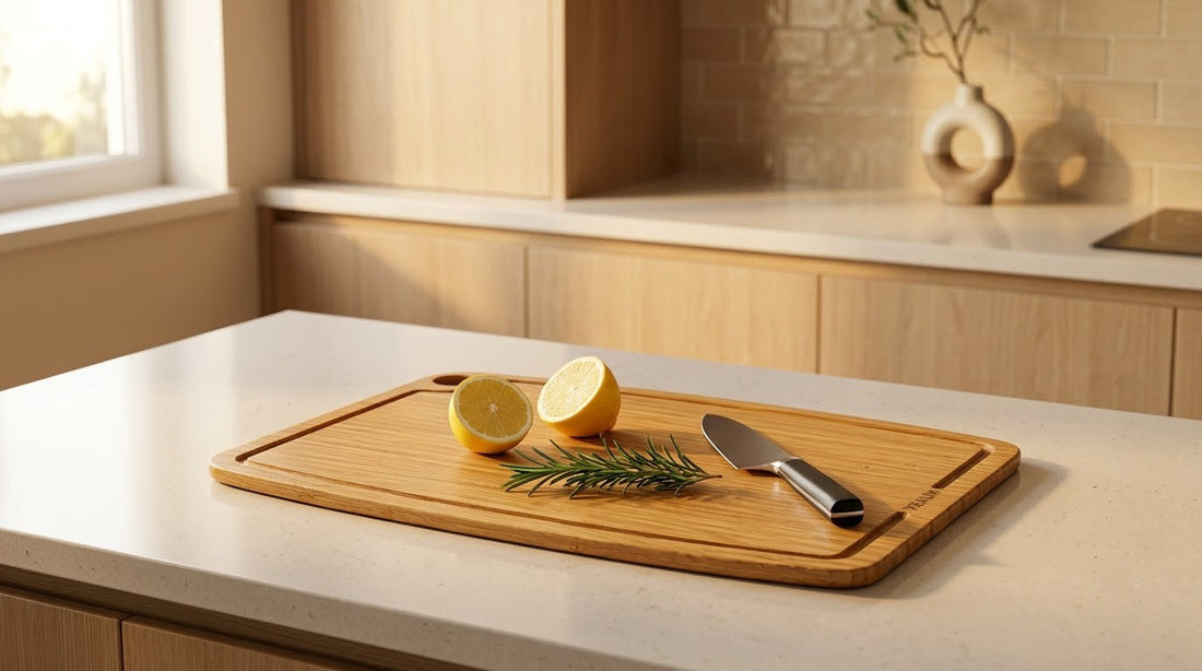 Bamboo cutting board on a kitchen counter