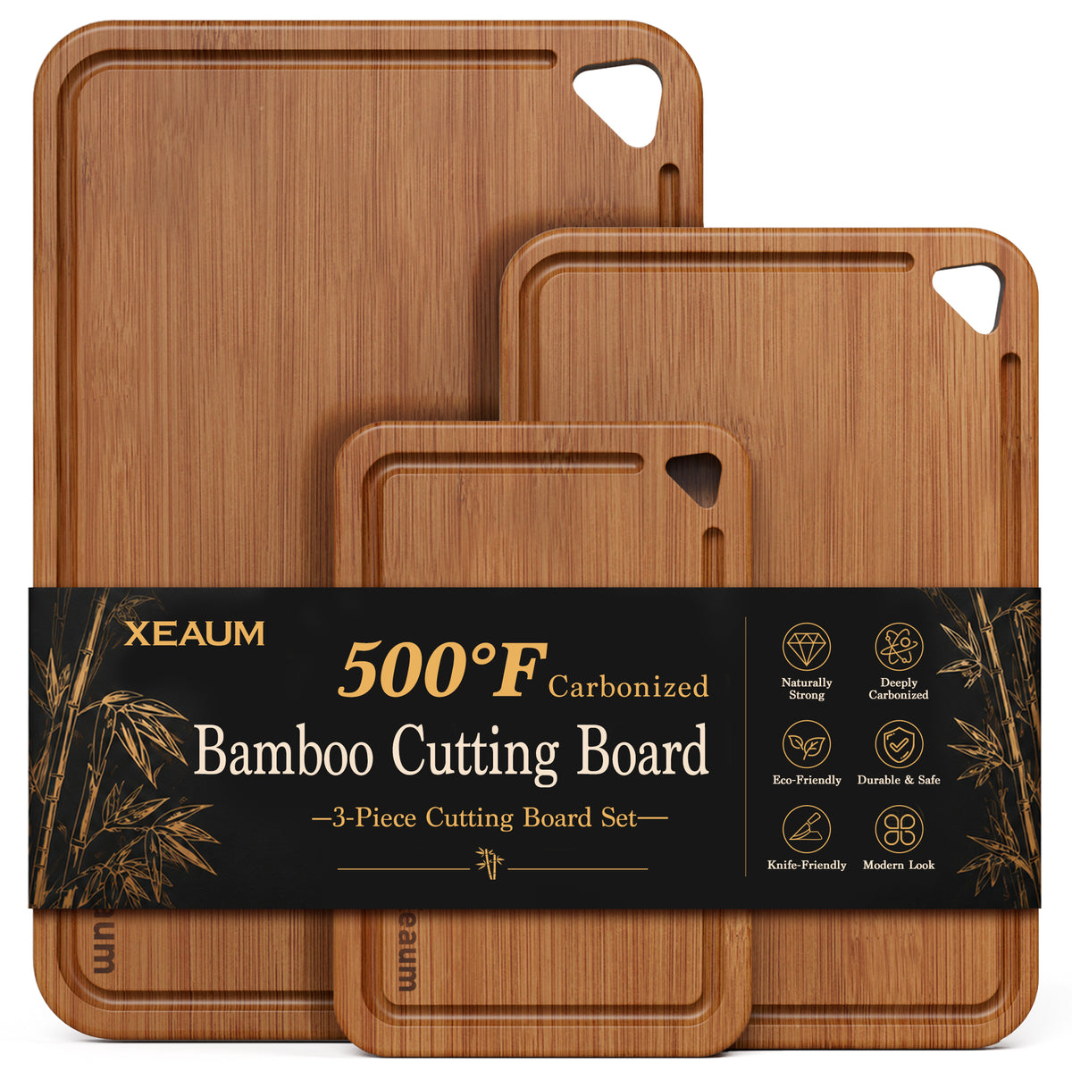 XEAUM 3-piece carbonized bamboo cutting board set with juice grooves and hanging holes