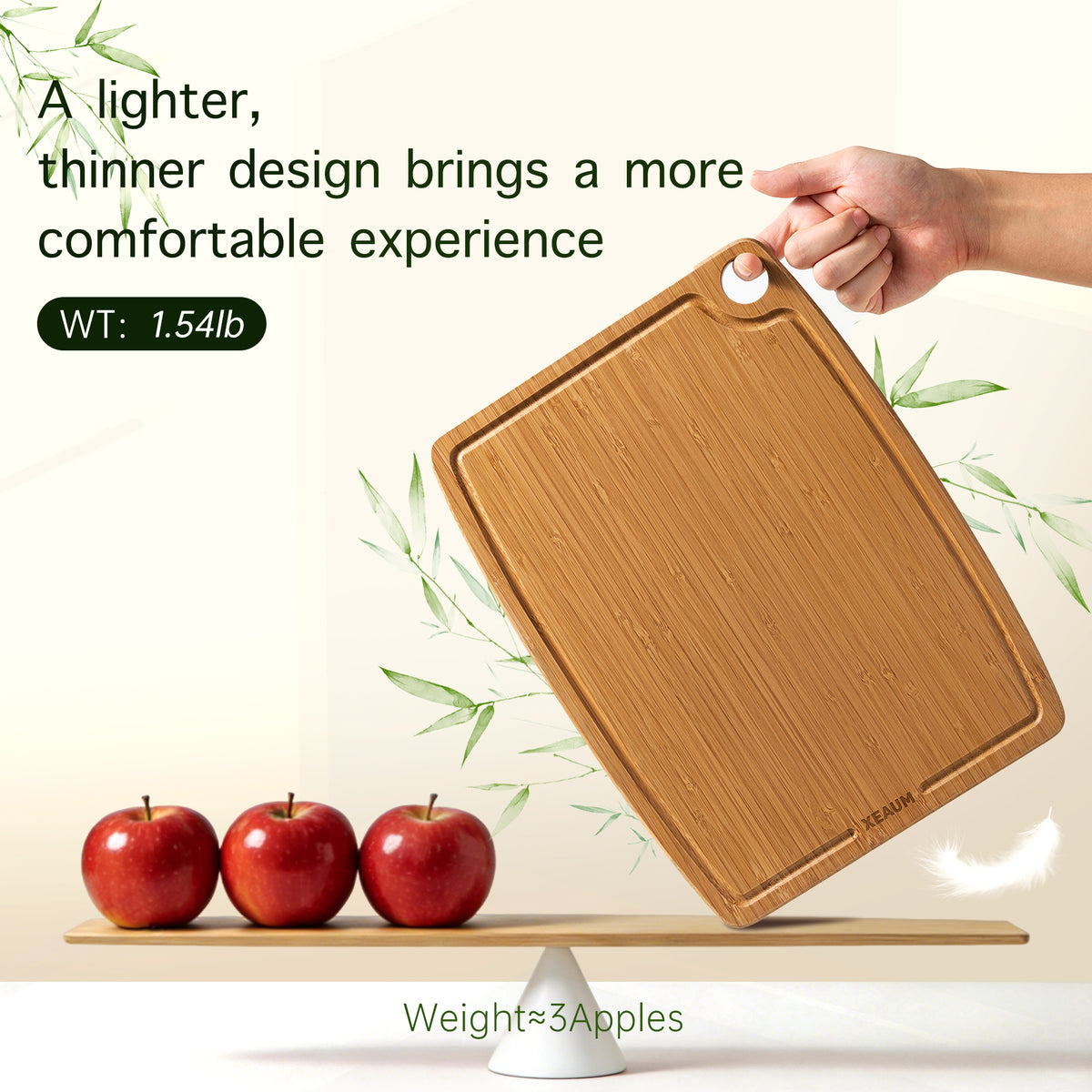 XEAUM lightweight bamboo cutting board with slim 0.4" profile weighing 1.54 lbs