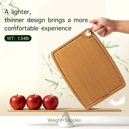 XEAUM lightweight bamboo cutting board with slim 0.4" profile weighing 1.54 lbs