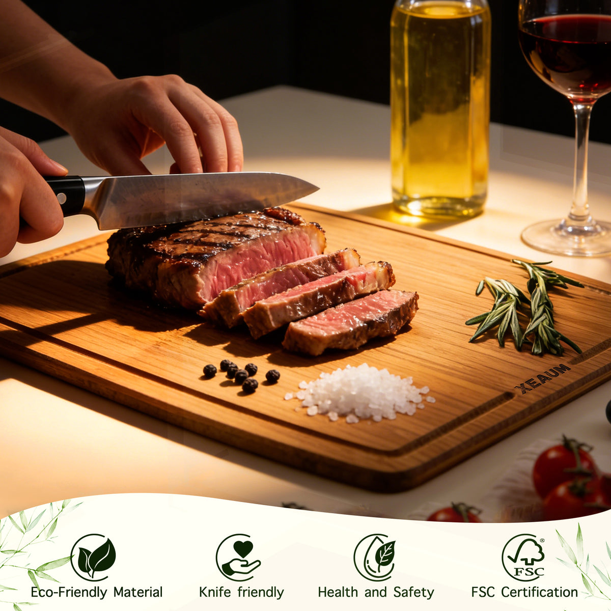 XEAUM bamboo cutting board in use for slicing grilled steak with a chef knife