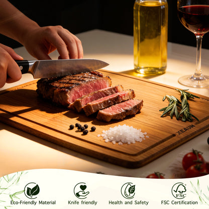 XEAUM bamboo cutting board in use for slicing grilled steak with a chef knife