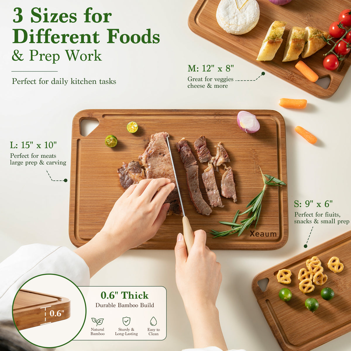 XEAUM 3-piece bamboo cutting board set dimensions: Large (15"x10"), Medium (12"x8"), and Small (9"x6") with 0.6" thickness