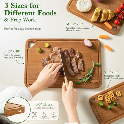 XEAUM 3-piece bamboo cutting board set dimensions: Large (15"x10"), Medium (12"x8"), and Small (9"x6") with 0.6" thickness