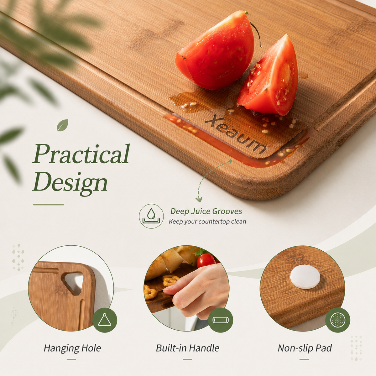 Close-up of XEAUM bamboo cutting board showing deep juice groove, hanging hole, and non-slip corner pads