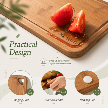 Close-up of XEAUM bamboo cutting board showing deep juice groove, hanging hole, and non-slip corner pads
