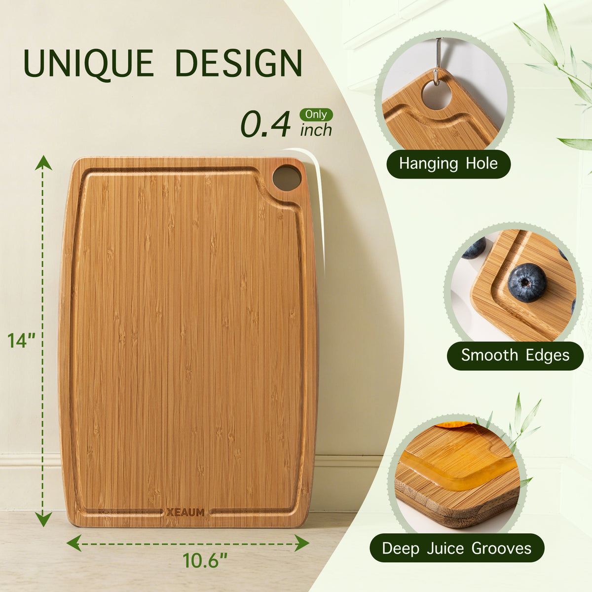 XEAUM bamboo cutting board dimensions 14" x 10.6" x 0.4" with deep juice groove and corner hanging hole