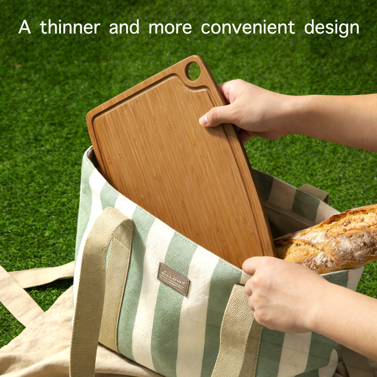 XEAUM 0.4" slim bamboo cutting board packed in a tote bag for outdoor and picnic food prep