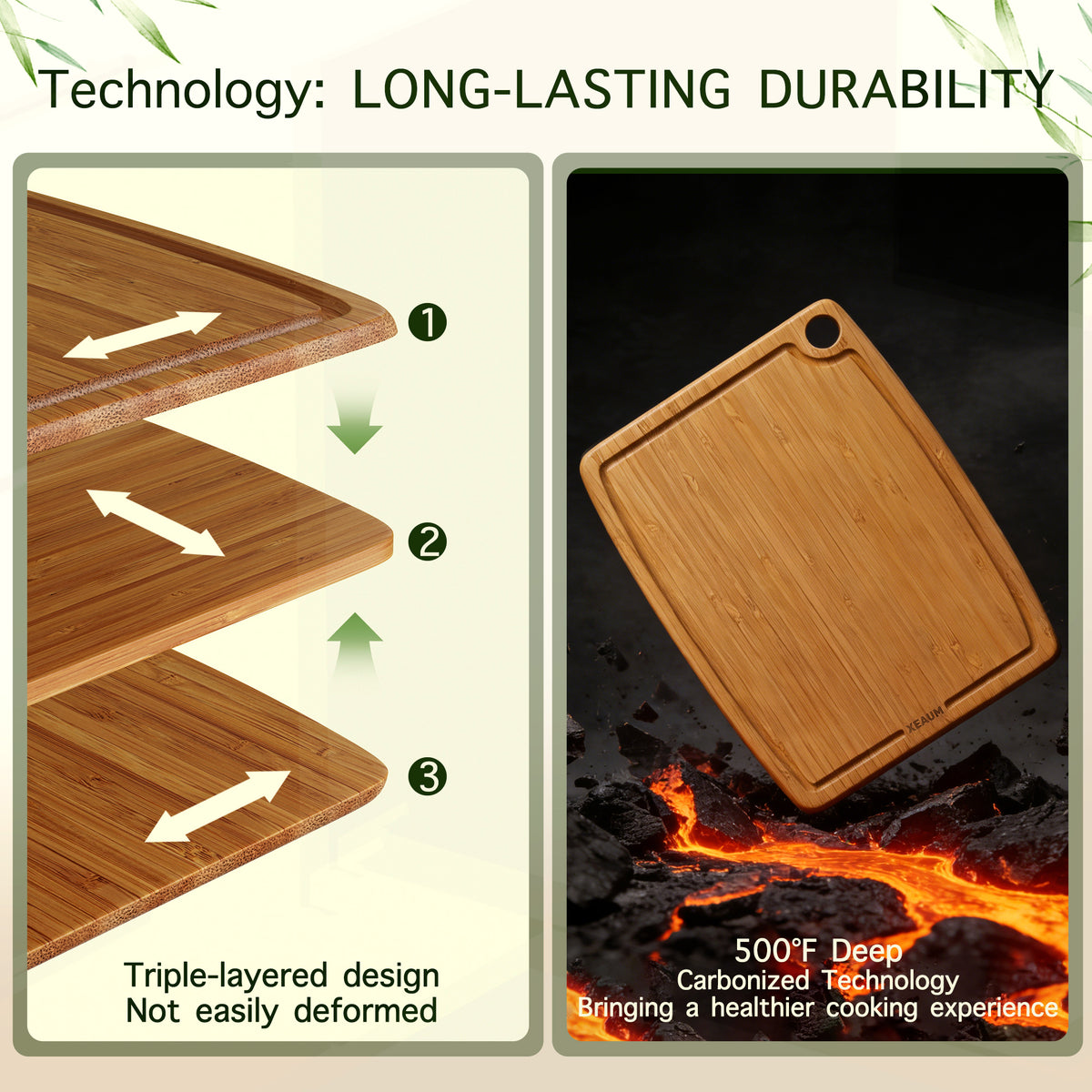 XEAUM bamboo cutting board triple-layer cross-laminated structure with 500°F carbonized finish