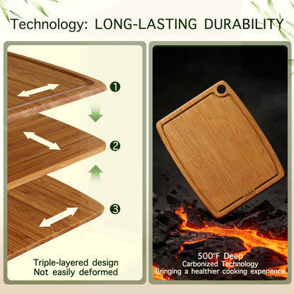 XEAUM bamboo cutting board triple-layer cross-laminated structure with 500°F carbonized finish