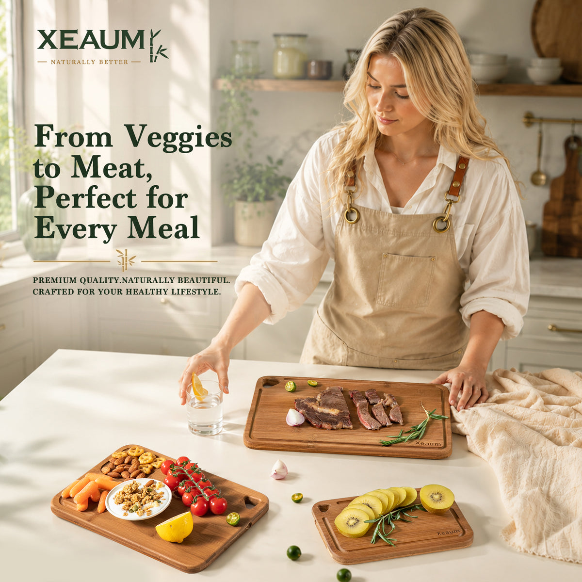 Woman prepping meat, fruits, and vegetables using XEAUM bamboo cutting boards in a modern kitchen
