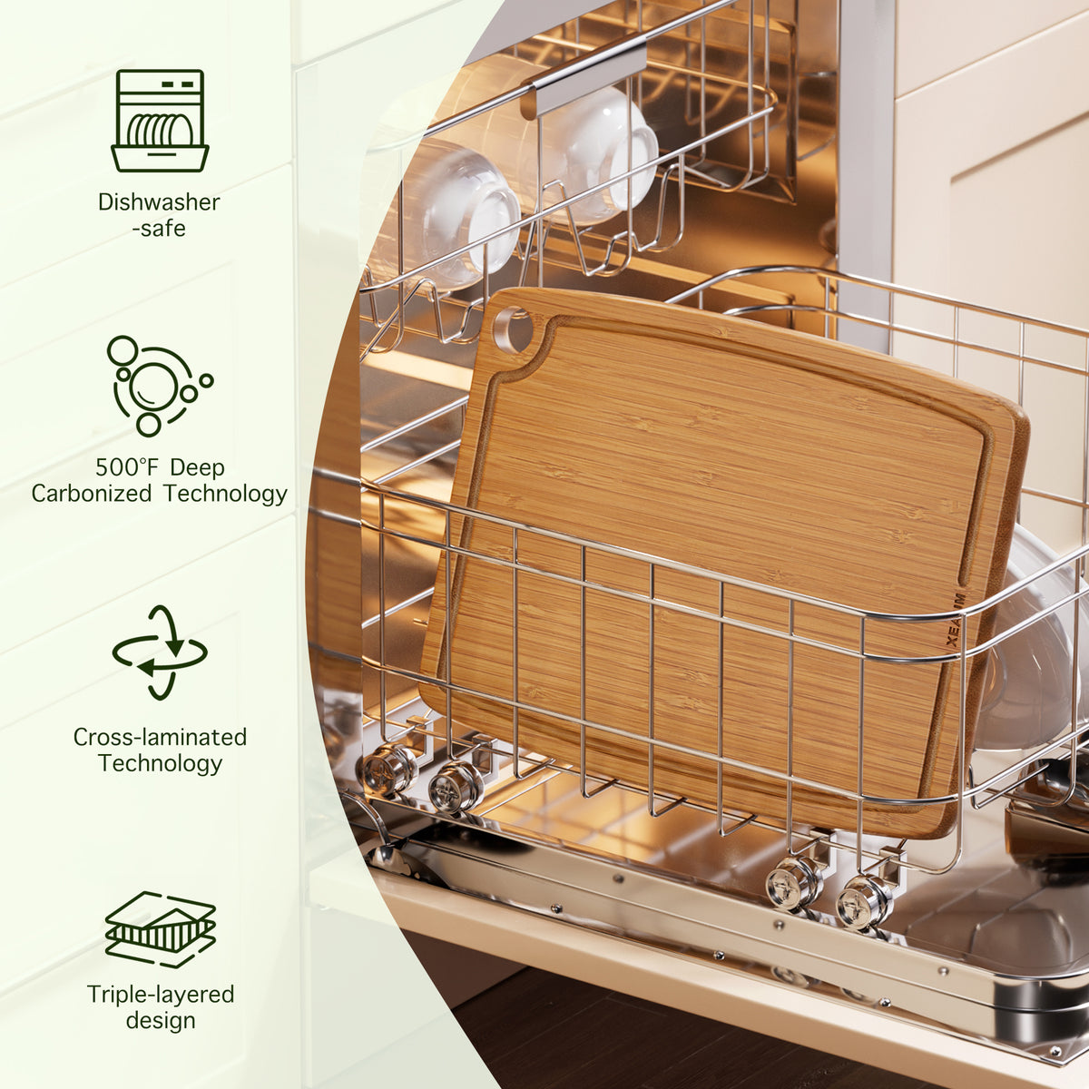 XEAUM dishwasher-safe carbonized bamboo cutting board placed in a dishwasher rack