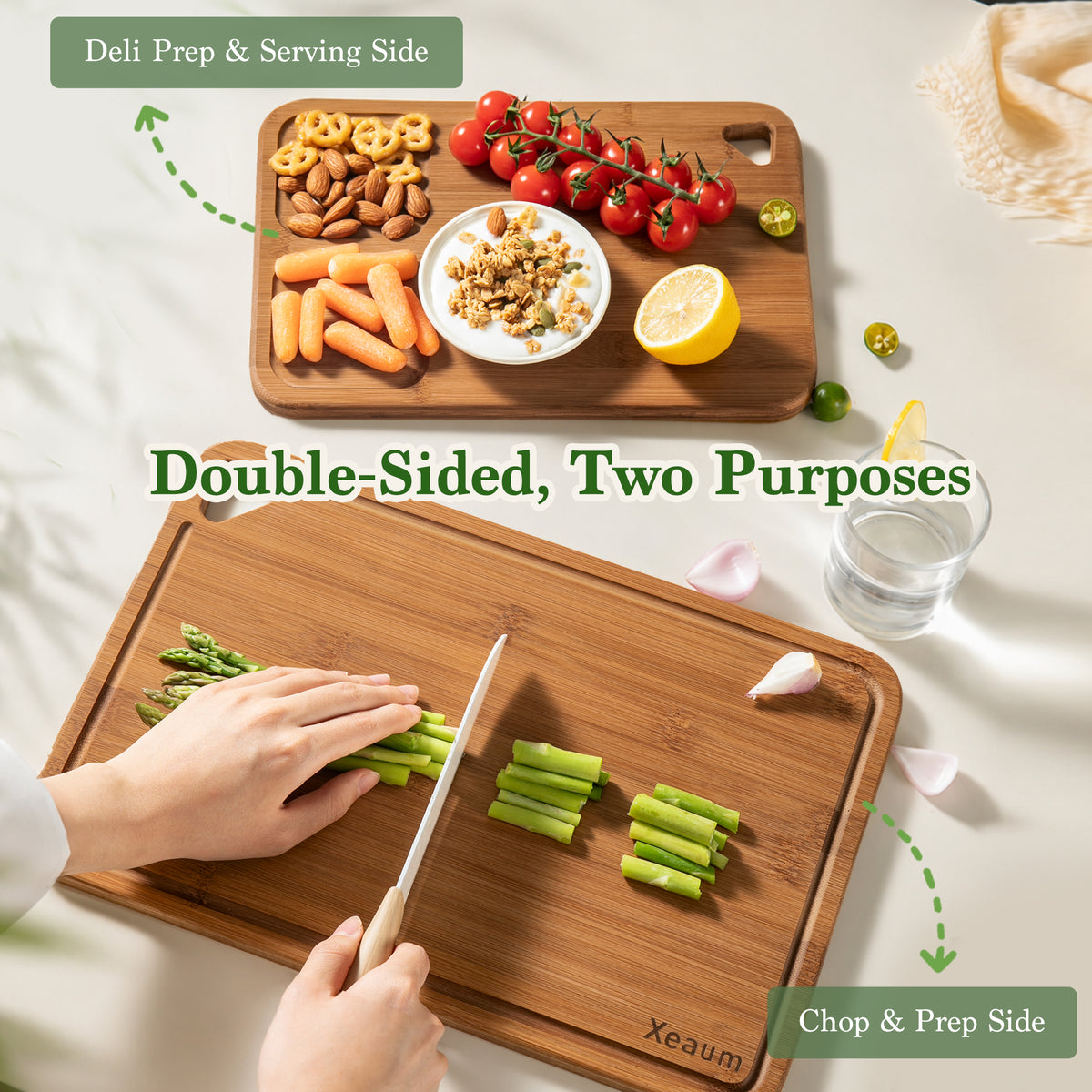 Reversible double-sided XEAUM bamboo cutting board with serving surface on one side and juice groove prep surface on the other
