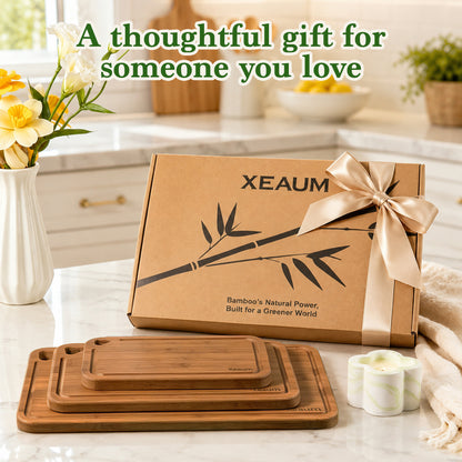 XEAUM 3-piece bamboo cutting board set packaged in a gift box