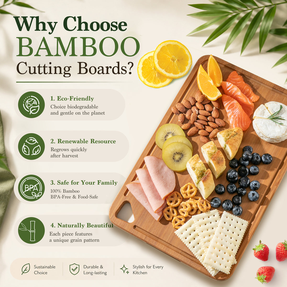 Infographic highlighting food-safe bamboo material qualities and grain texture of XEAUM cutting board set