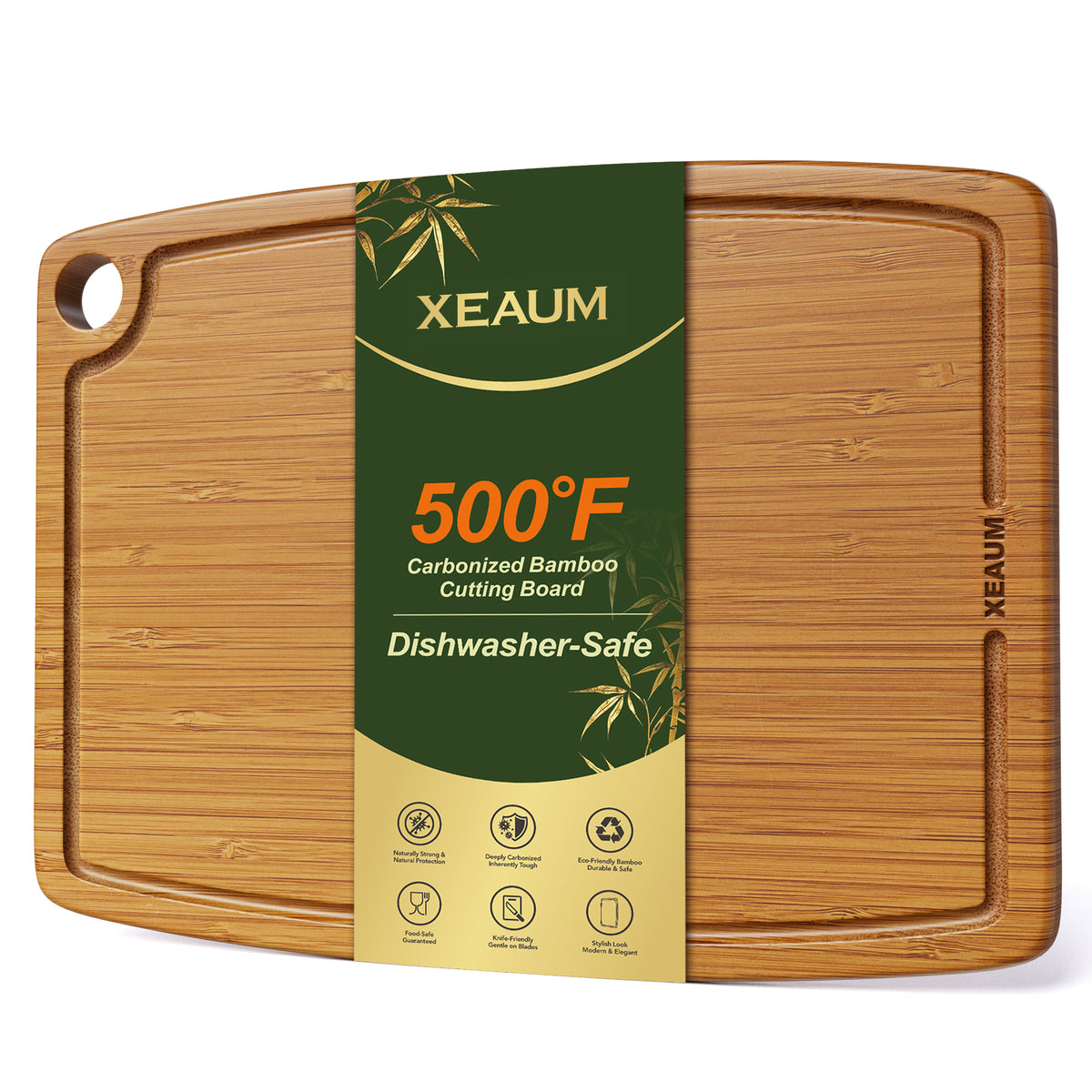 XEAUM 14"x10.6" carbonized bamboo cutting board with juice groove and hanging hole