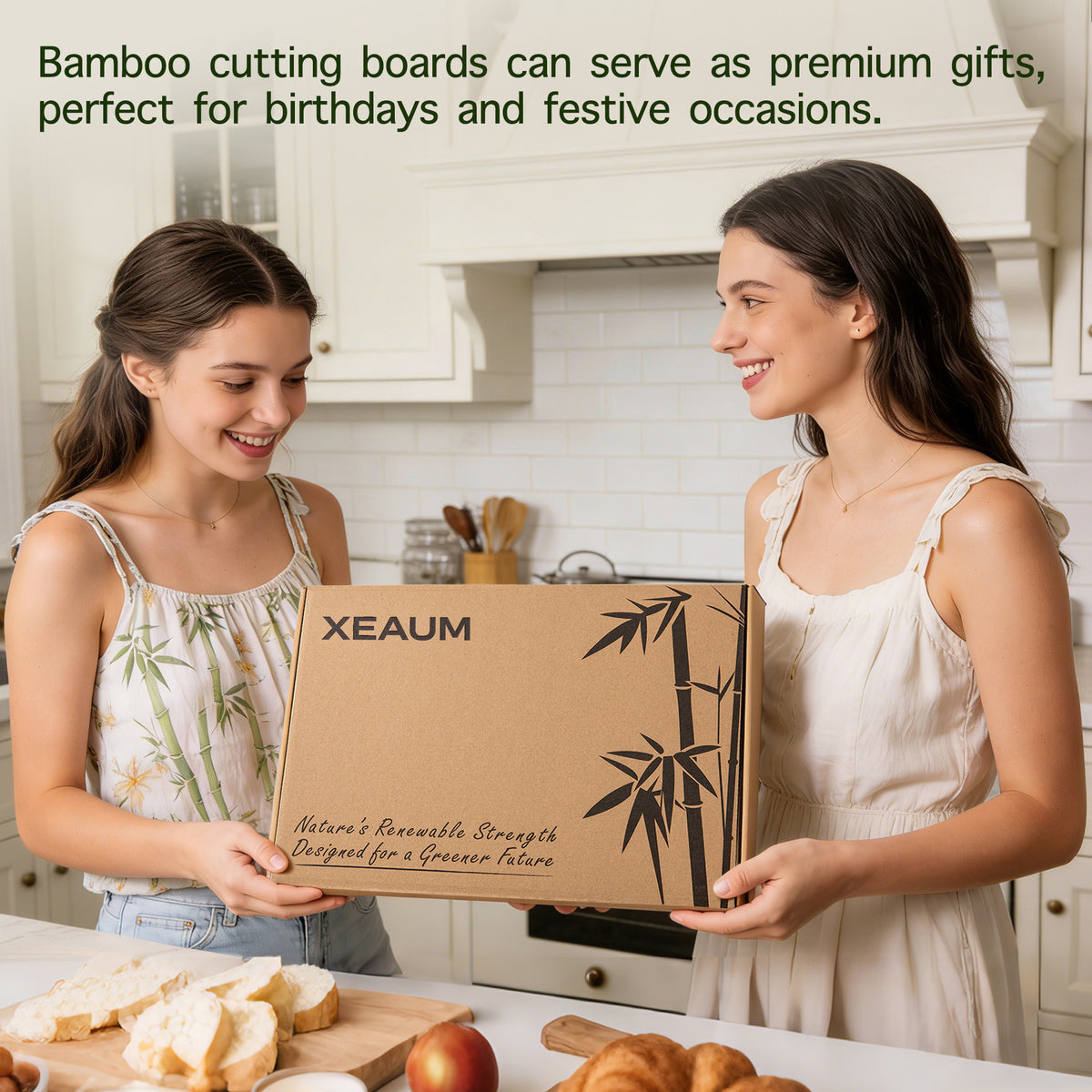 XEAUM bamboo cutting board packaged in a gift box presented in a home kitchen